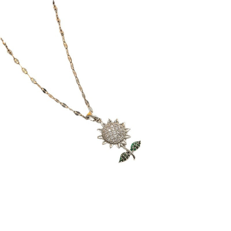 Minimalist Sunflower Pendant Necklace for Women in Titanium Steel with Plating Finish and Zircon Accents on Wavy Chain
