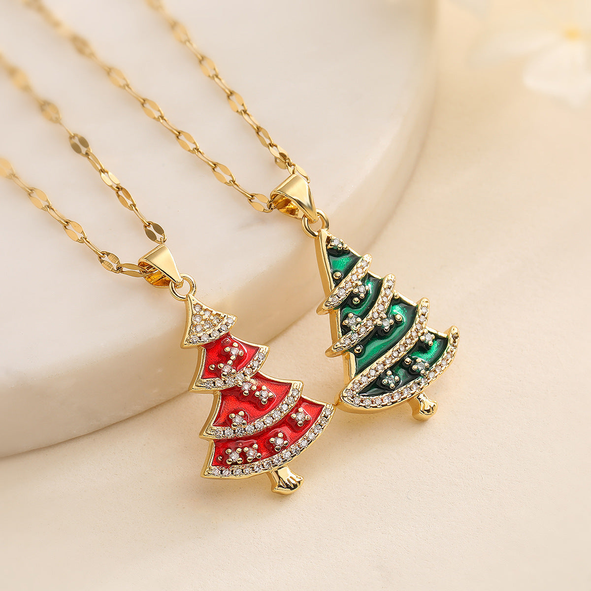 Minimalist Christmas Tree Pendant Necklace for Women with Copper Base Plated in 18K Gold and Enamel Finish