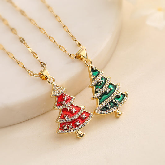 Collar Colgante de Árbol de Navidad Minimalista para Mujer con Base de Cobre Bañado en Oro de 18K y Acabado Esmaltado