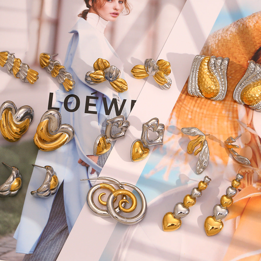 Minimalist Geometric Stainless Steel Earrings with 18K Gold Plating Dual-Tone Mouth and Christmas Tree Design for Women