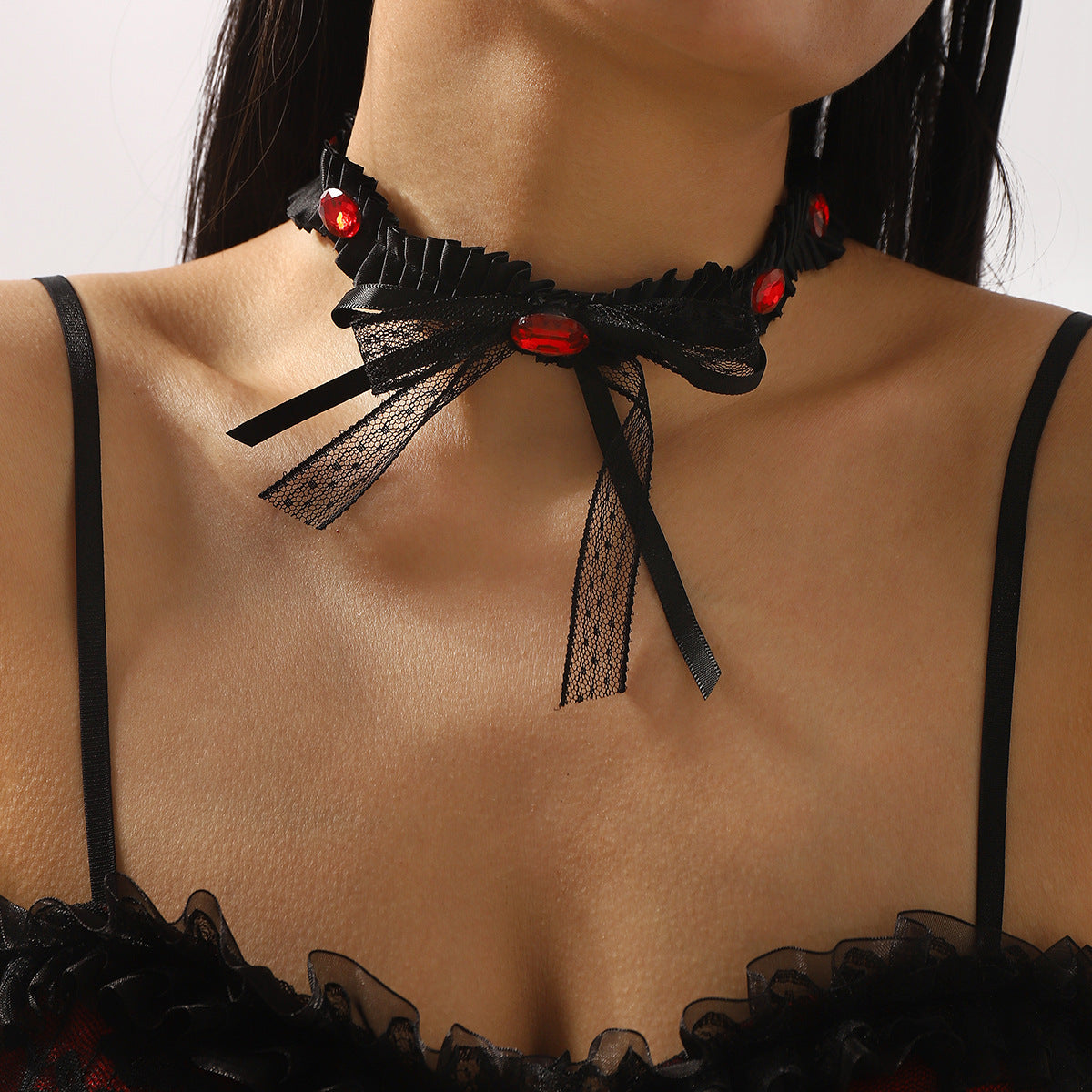 Dark Romantic Lace Bow Choker Necklace with Rhinestone Accents for Women Minimalist Geometric Locket Style