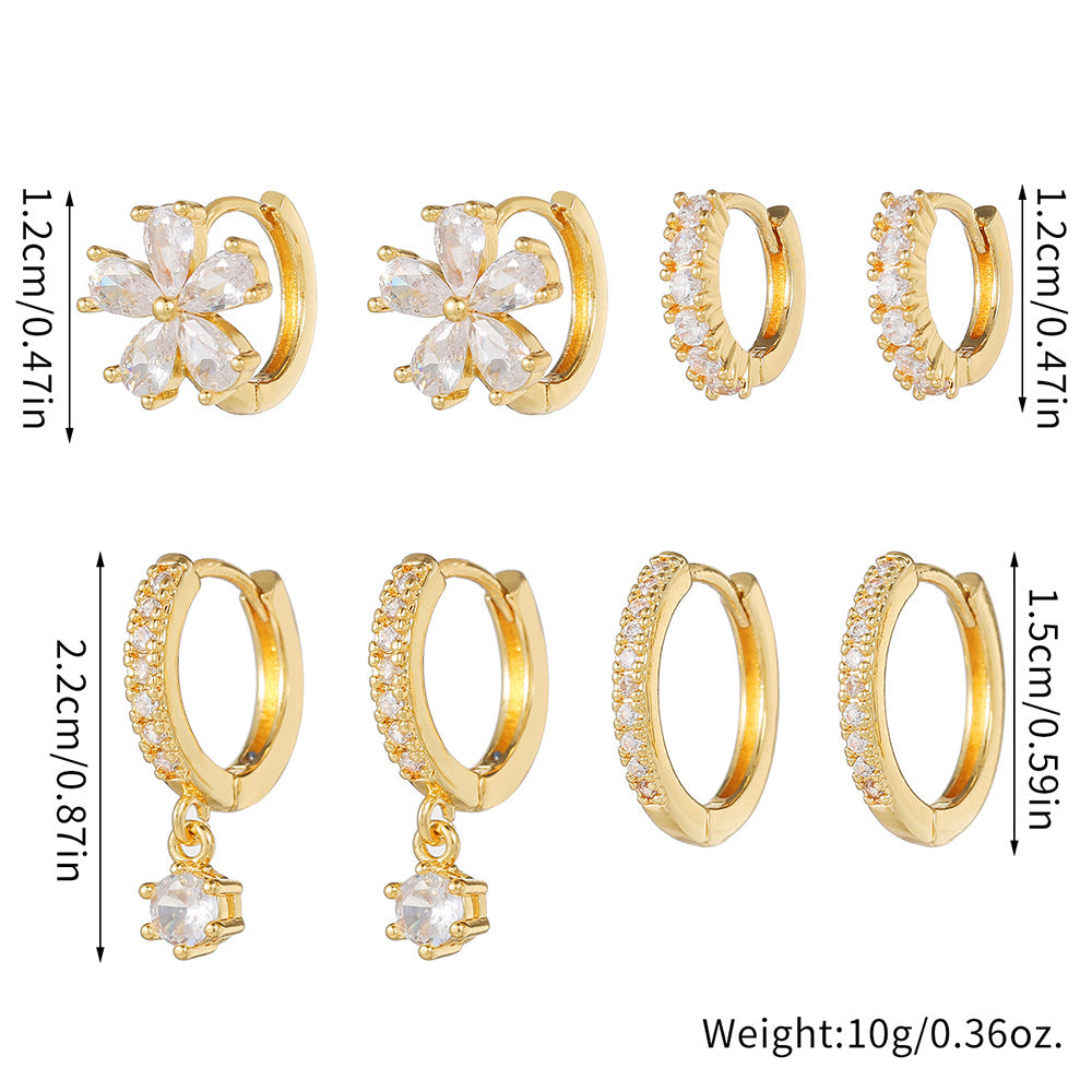 Minimalist Geometric Round Floral Brass Gold Plated Cubic Zirconia Earring Set for Women