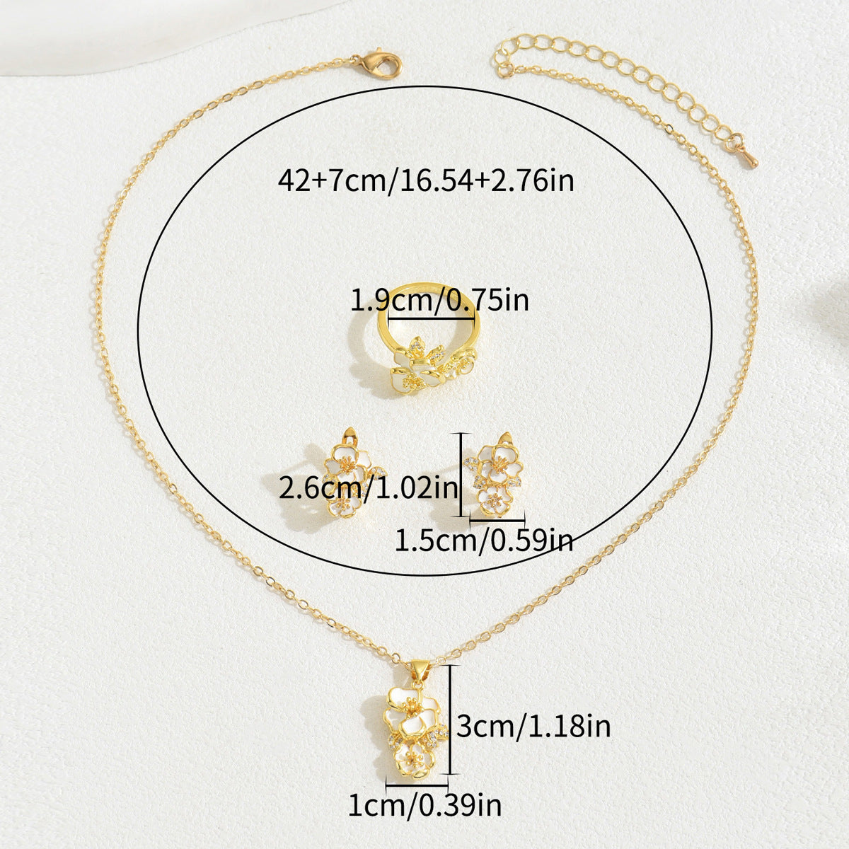 Parure con collana, orecchini e anello in rame con intarsio in zirconi a motivo floreale elegante per donna, gioielli minimalisti chic da ufficio
