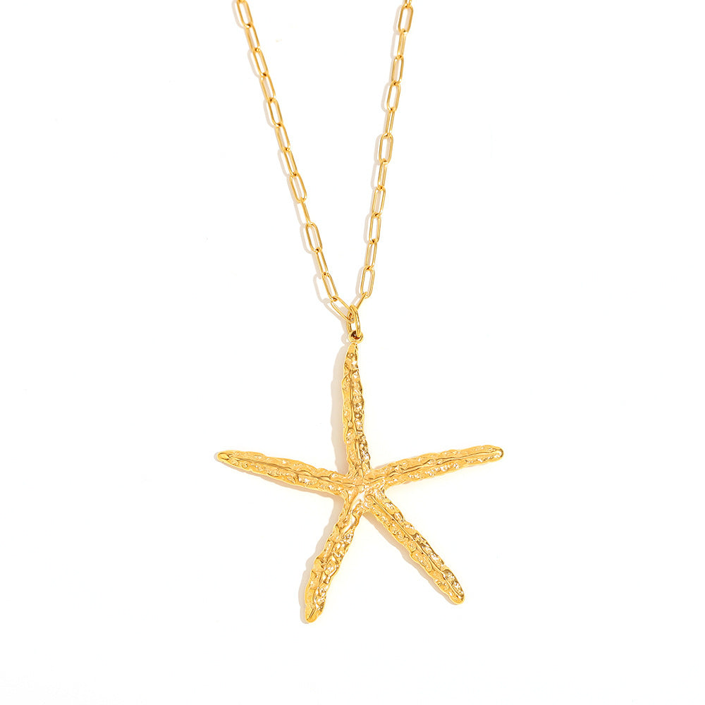 Fashionable Starfish Pendant Necklace in Stainless Steel with 18K Gold Plating and Hammered Texture for Women
