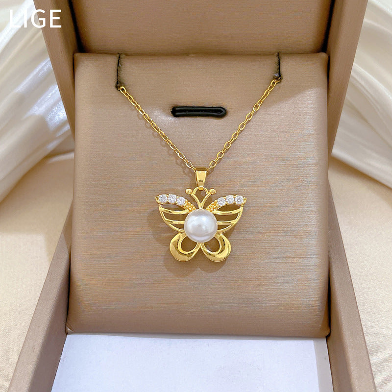 Sweet Elegant Hollow Butterfly Pearl Rhinestone Necklace Titanium Steel Cable Chain for Women