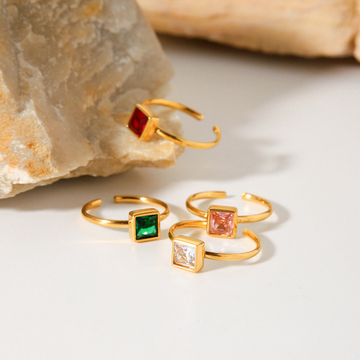 Minimalist Geometric Open Ring for Women in Titanium Steel with 18K Gold Plating and Square Zircon Inlay