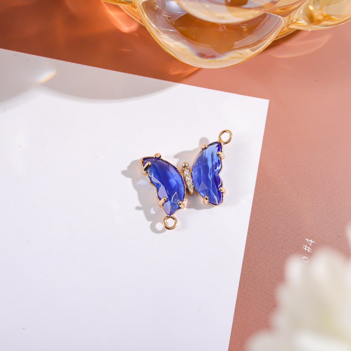 Sweet Gradient Glitter Crystal Butterfly Double Pendant Brass Plated Charm Bar