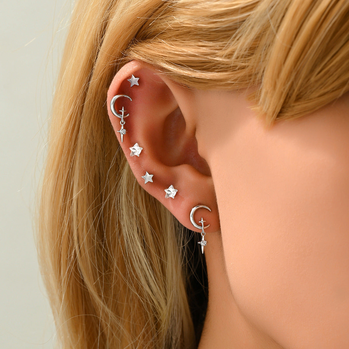 Pendientes de cobre bohemios con luna creciente y estrellas, y circonitas incrustadas para mujer
