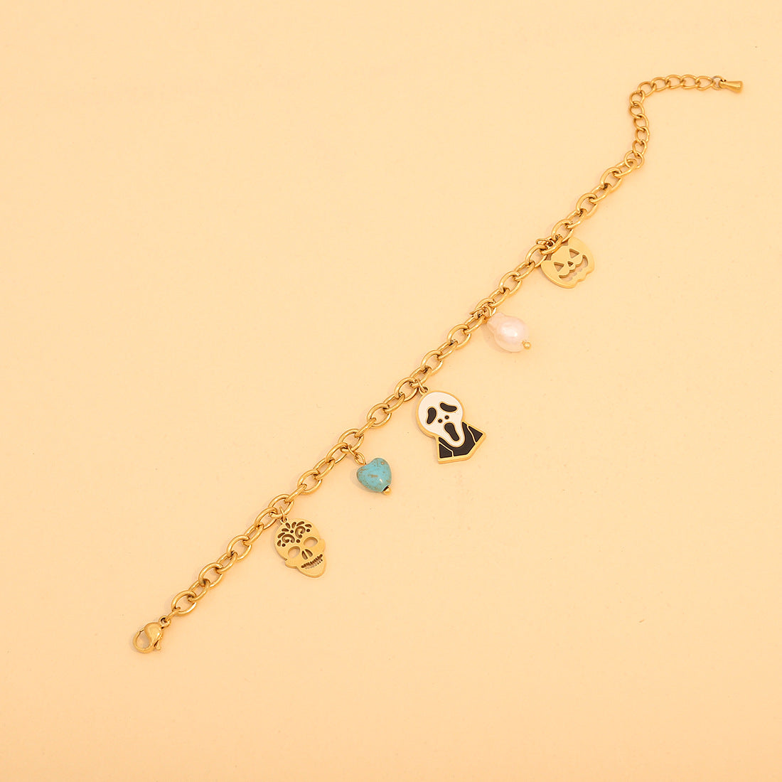 Collana con ciondolo teschio e zucca "Edgy" per Halloween da donna in acciaio inossidabile con finitura placcata