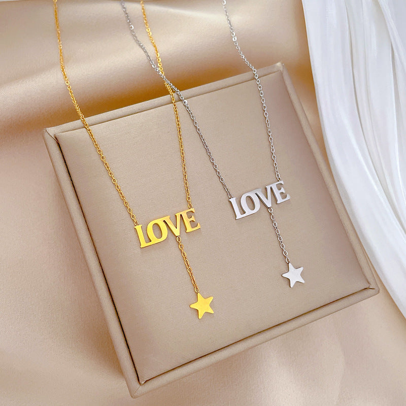 Minimalist Titanium Steel LOVE Star Pendant Necklace for Women Geometric Locket Chain Fashionable Casual Jewelry
