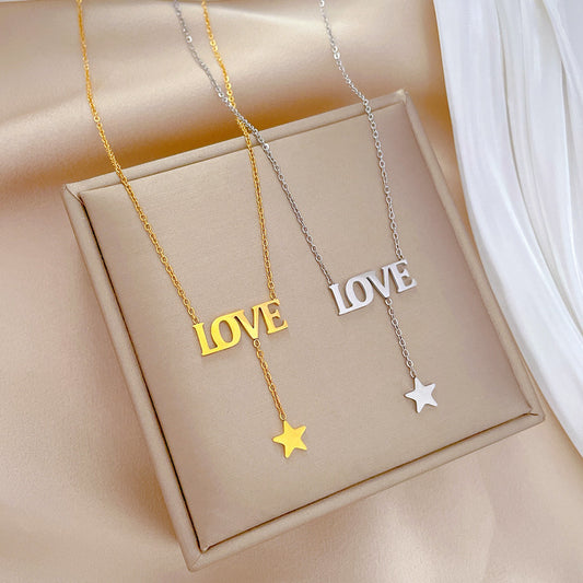 Minimalist Titanium Steel LOVE Star Pendant Necklace for Women Geometric Locket Chain Fashionable Casual Jewelry