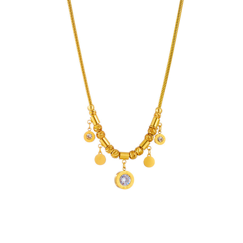 Collana girocollo minimalista geometrica rotonda da donna in acciaio al titanio con intarsio di strass e finitura placcata