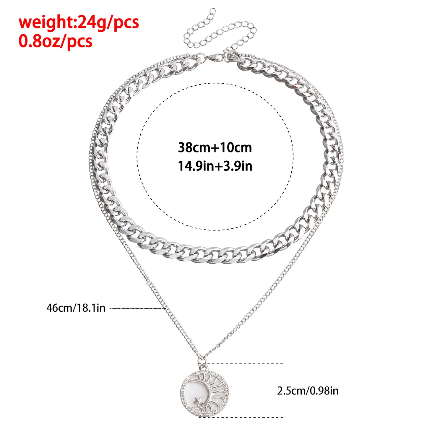Geometric Moon Shape Alloy Pendant Necklace with Rhinestone Inlay on Thick Aluminum Layered Chain for Women