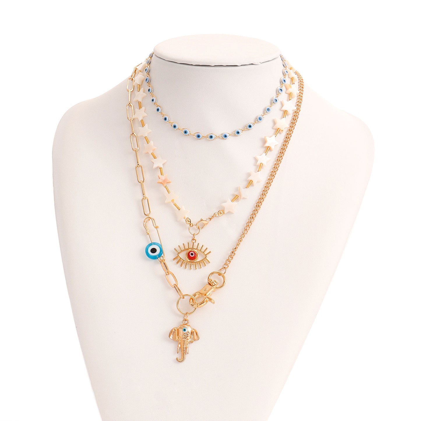 Bohemian Star-Shaped Alloy Pendant Necklace with Evil Eye Charm and Elephant Nose Detail for Women