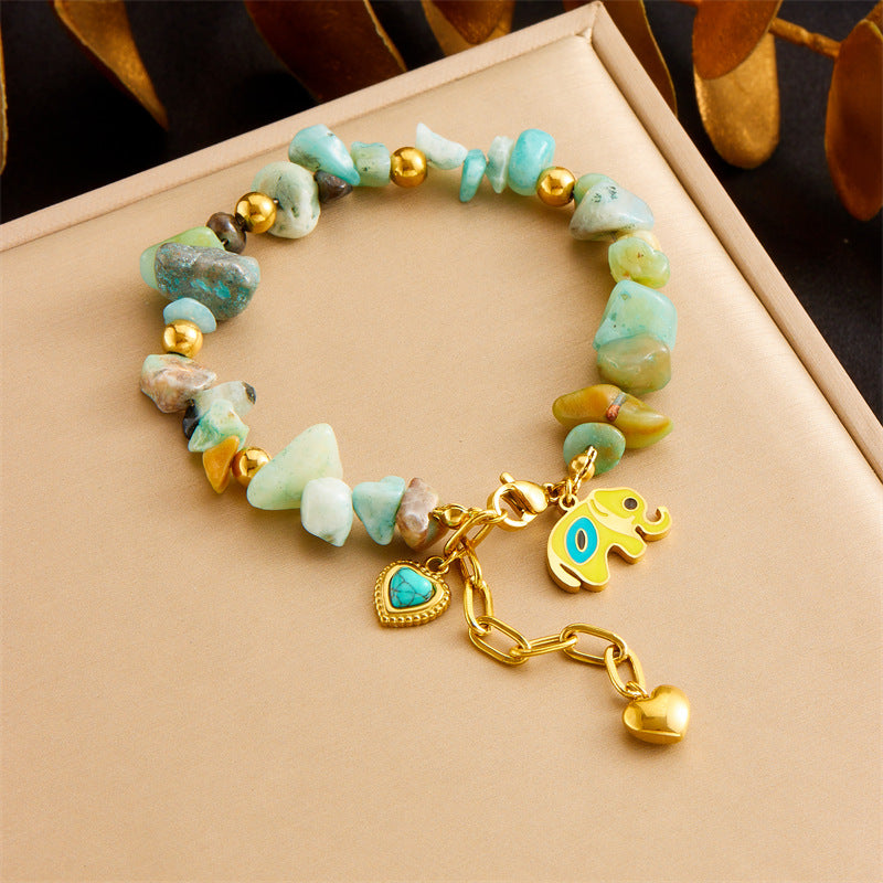 Colorful Natural Stone Turquoise Resin Drip Oil Crown Heart Elephant Star Stainless Steel Bracelet for Women