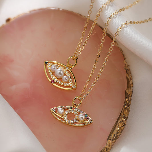 Collar con colgante de ojo turco geométrico minimalista para mujer con base de cobre chapado en oro real e incrustaciones de circonitas