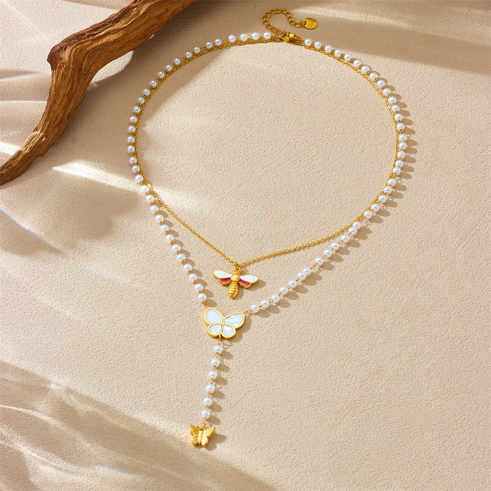 Vintage Fashion Stainless Steel Butterfly and Bee Enamel Pendant Necklace with O-Chain for Women