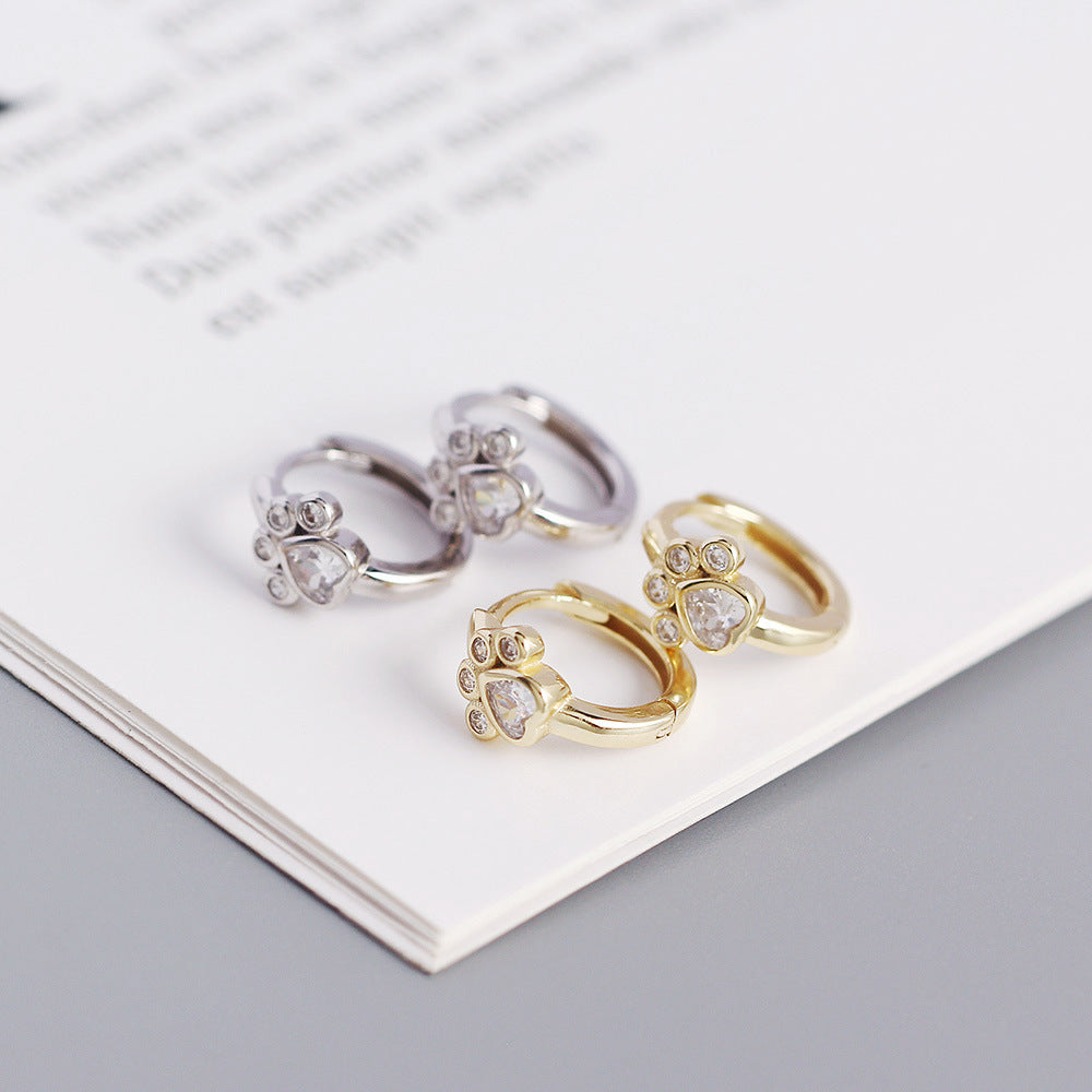 Sweet 925 Sterling Silver Inlaid Diamond Cat Paw Hoop Earrings