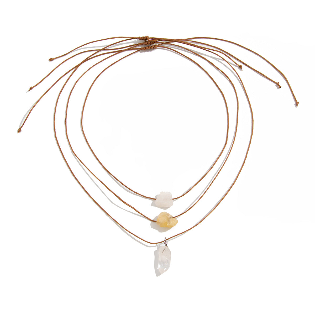 Collana con Ciondolo a Nappa Irregolare Asimmetrica con Pietre Naturali e Accenti di Cristallo su Cordino Cerato Intrecciato Regolabile per Creare Strati
