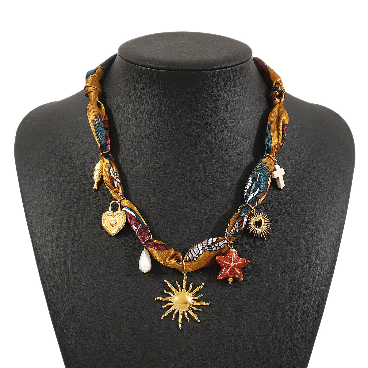 Vacation Style Heart Star Sun Multi-Pendant Necklace in Stainless Steel with Silk Scarf Accent and 14K Gold Plating for Women