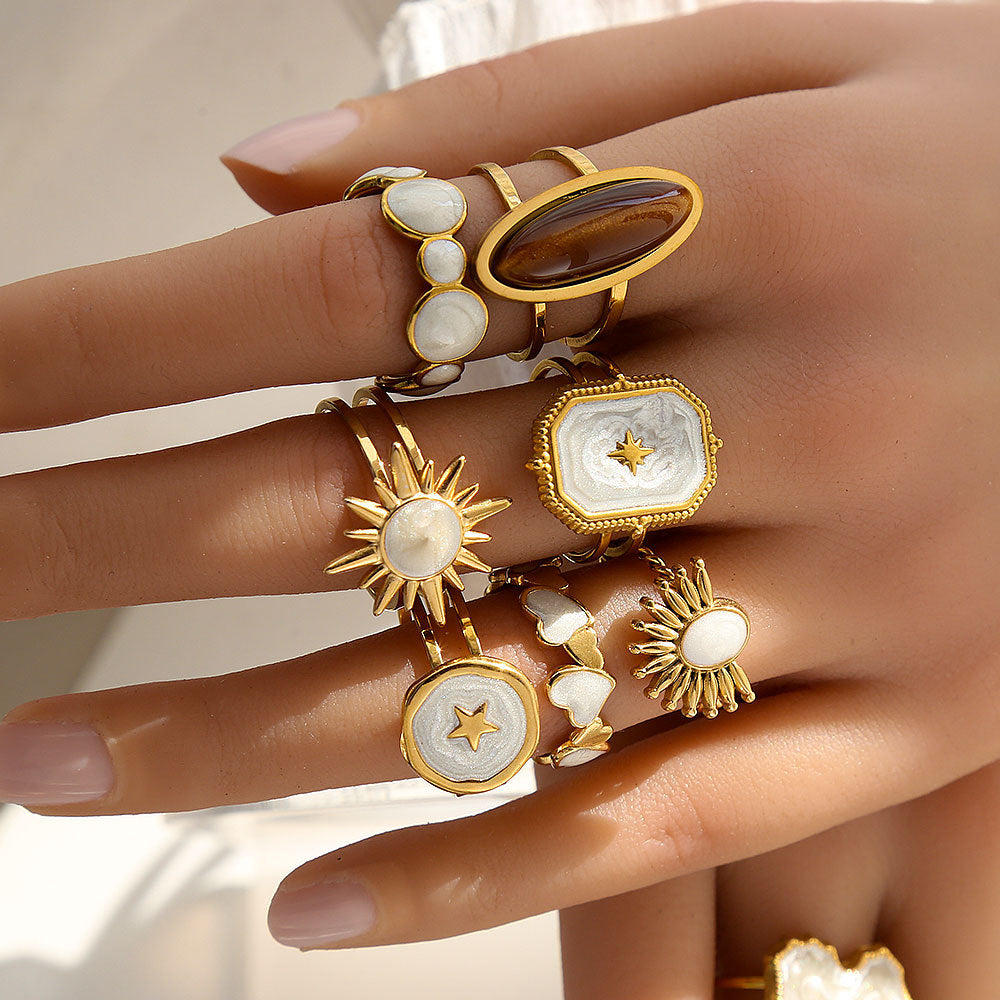 Vintage Instagram Style Adjustable Geometric Stainless Steel Ring with 18K Gold Plating for Women