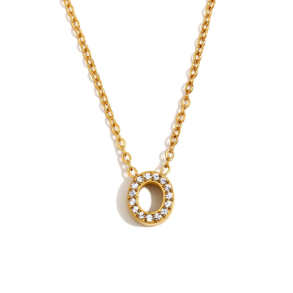 Minimalist Fashion Letter Pendant Necklace for Women Stainless Steel with 18K Gold Plating and Rhinestone Inlay