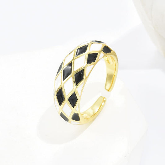 Vintage Geometric Diamond Black and White Checkered Enamel Copper Ring 18K Gold Plated Open Adjustable for Women