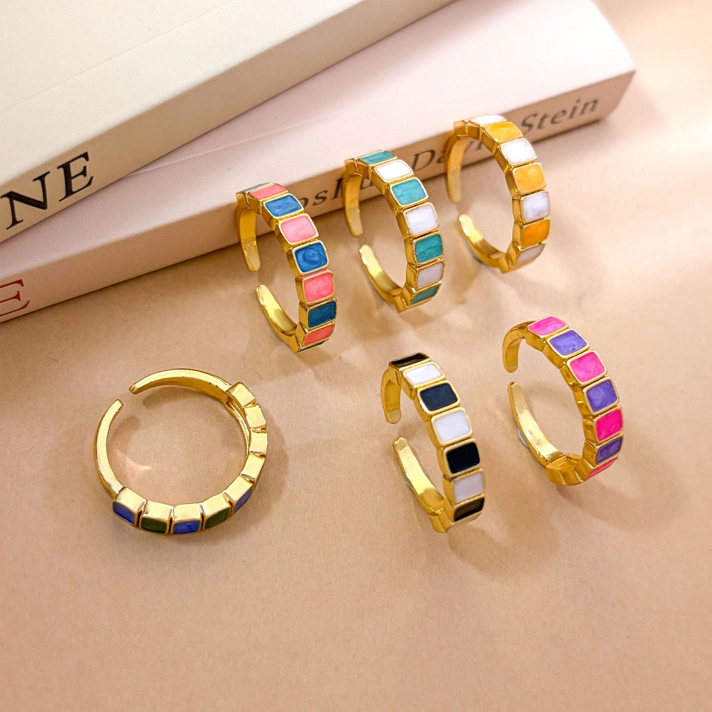 Minimalist Sweet Square Geometric Enamel Gold Plated Brass Ring for Women Adjustable