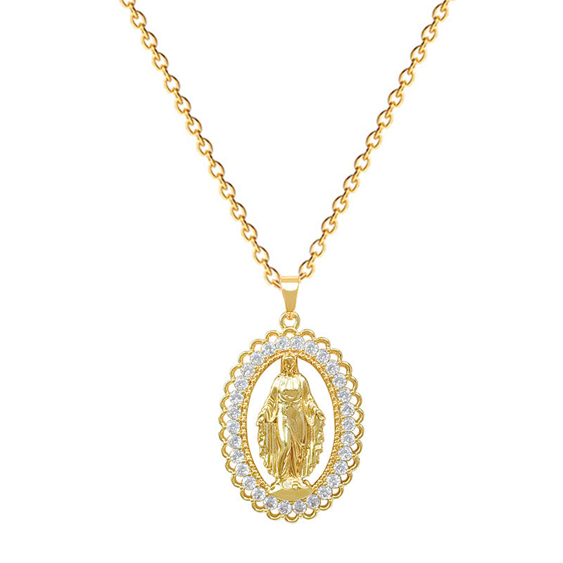 Elegant Hollow Egg-Shaped Portrait Pendant Necklace for Women in Titanium Steel with Full Rhinestone Accents