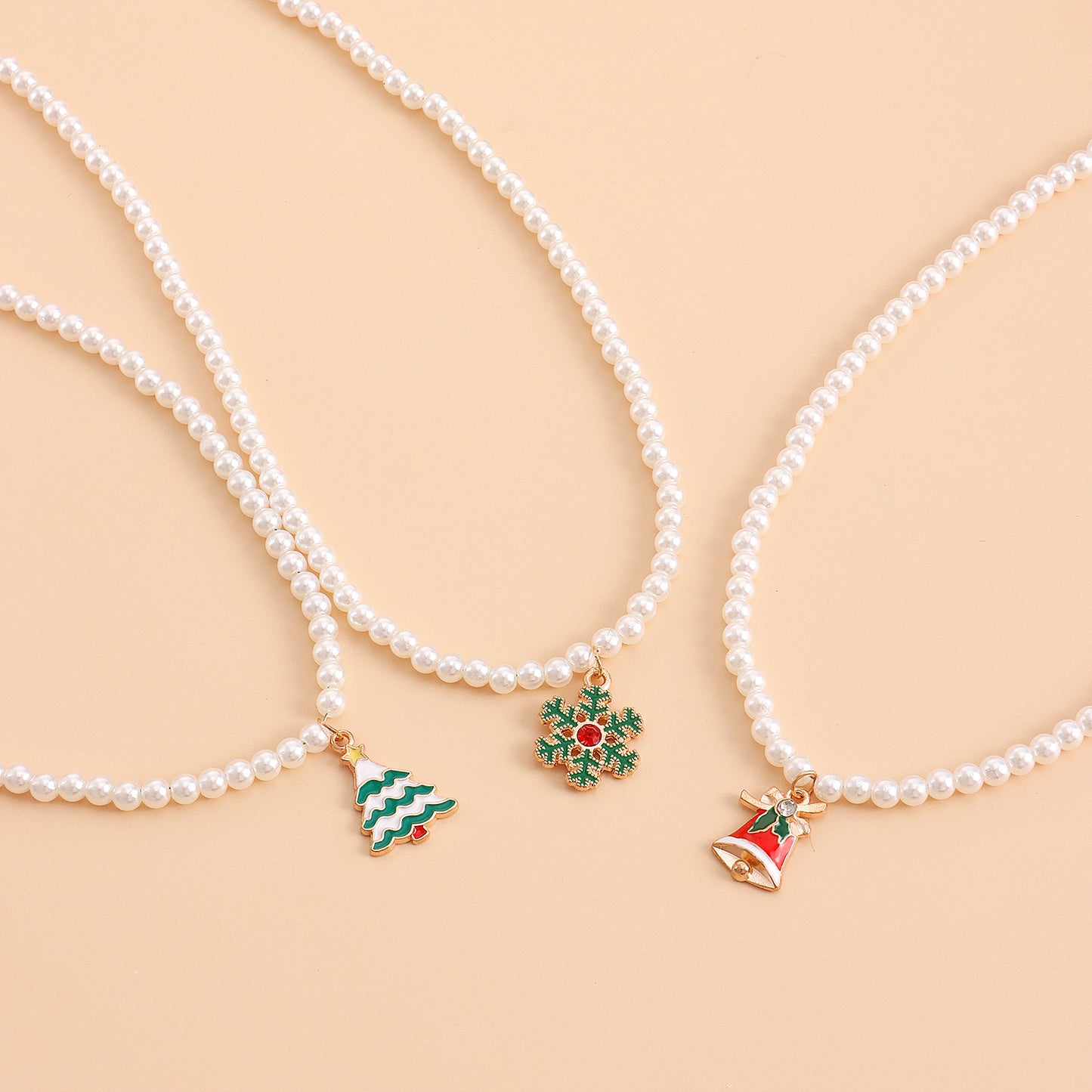 Minimalist Geometric Snowflake Pendant Necklace with Enamel Finish and Pearl Chain for Women