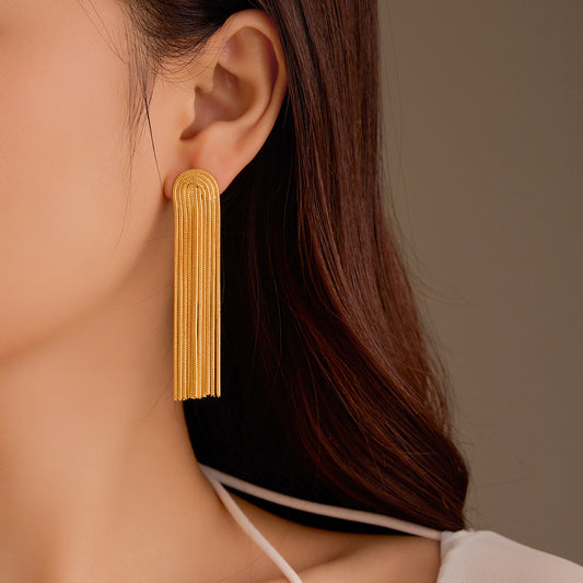 Orecchini pendenti lunghi in acciaio inossidabile stile vintage con placcatura in oro 18 carati da donna
