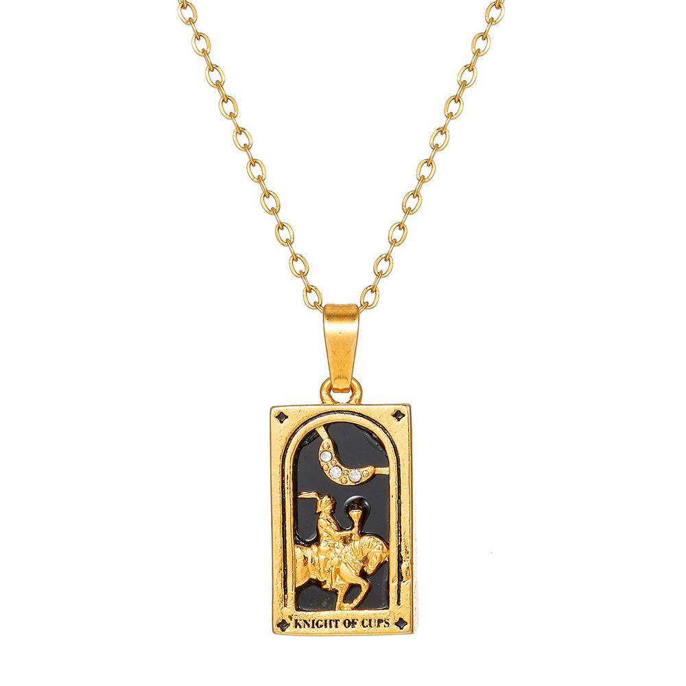 Vintage Casual Rectangle Drip Oil Cubic Zirconia Stainless Steel Necklace with Geometric Tarot Pendant Cable Chain Unisex