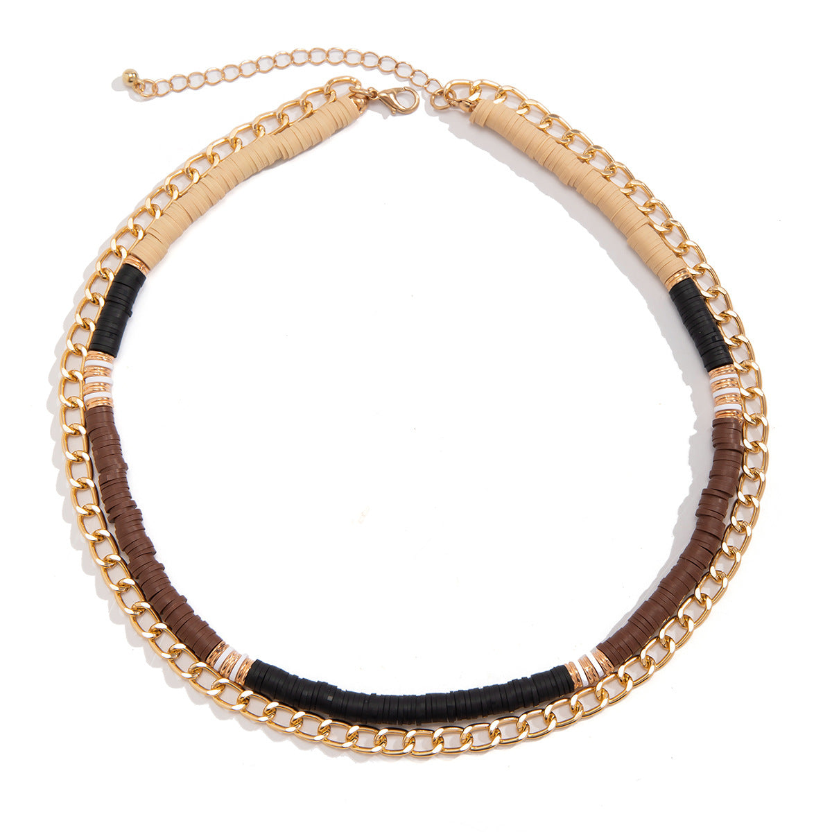 Collana retrò in stile vacanziero con forme geometriche in argilla polimerica, ciondolo in alluminio placcato e nappa decorativa