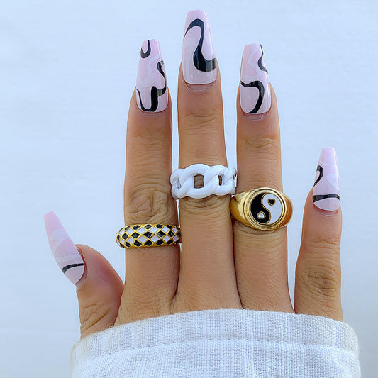 Anillo de aleación con patrón de Tai Chi de esmalte geométrico minimalista para mujer