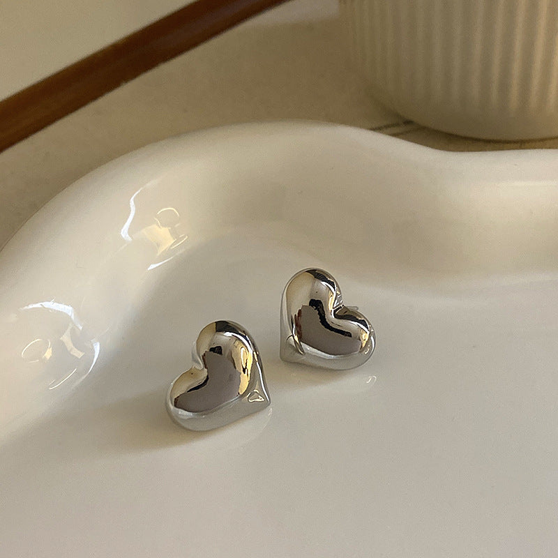 Orecchini da Donna a Cerchio Geometrico in Metallo e a Perno a Cuore, Stile Vintage con Finitura Placcata
