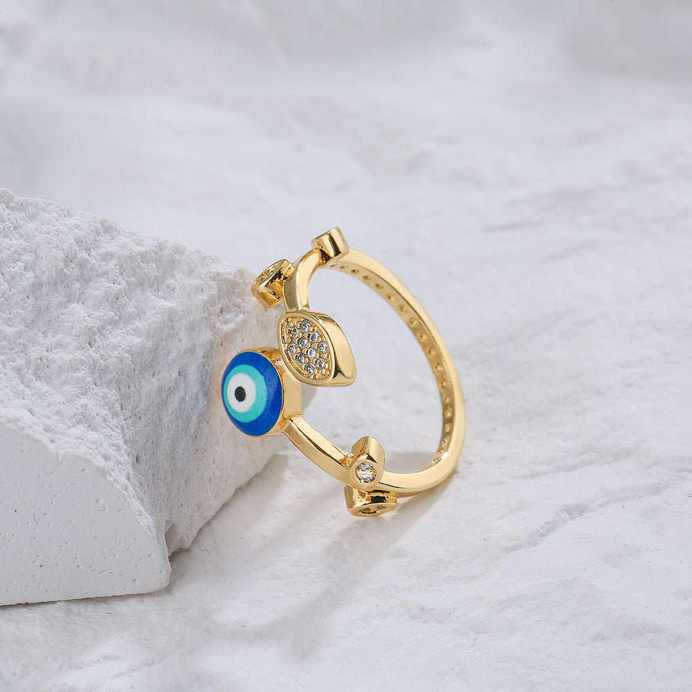 INS Style Geometric Open Ring for Women Made of Brass with Real Gold Plating Rhinestone Inlay and Enamel Eye Design