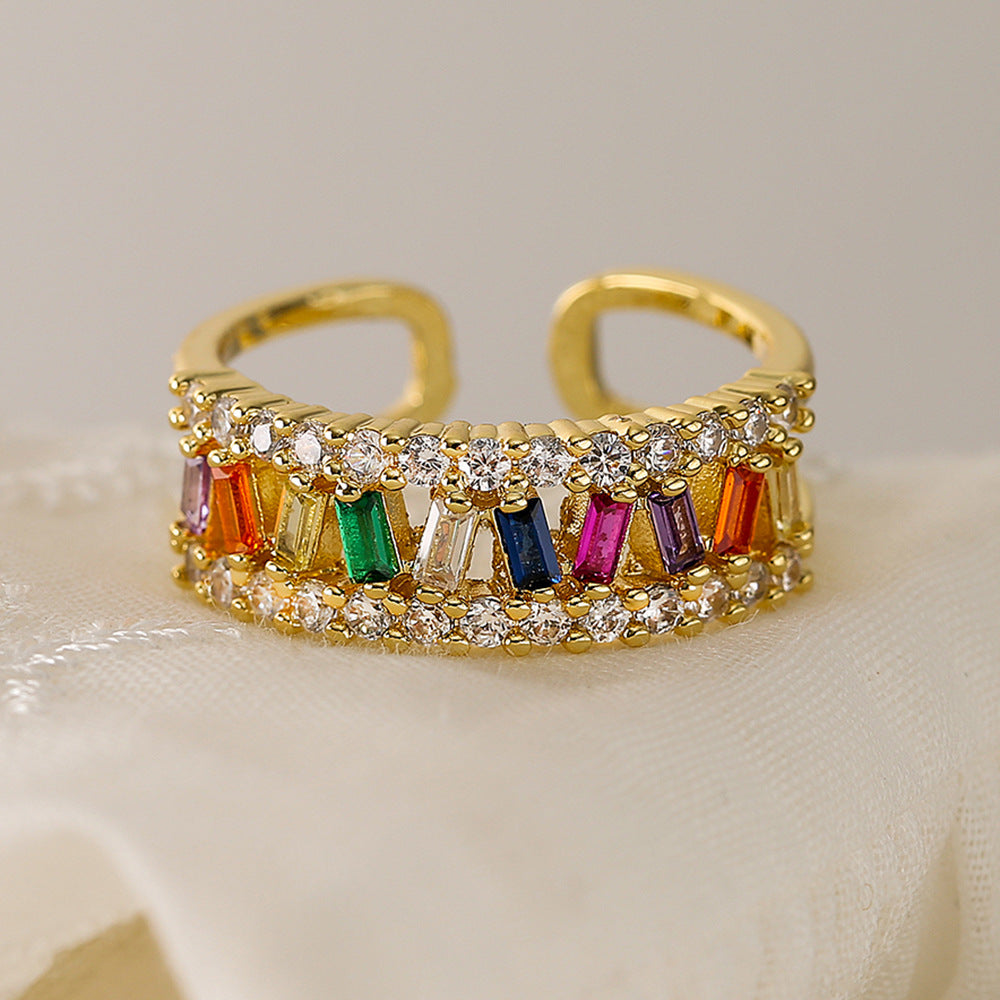 Anello Aperto Geometrico da Donna in Ottone con Placcatura in Oro Vero e Zirconi Micro-Incastonati, Gioielli di Lusso Minimalisti alla Moda