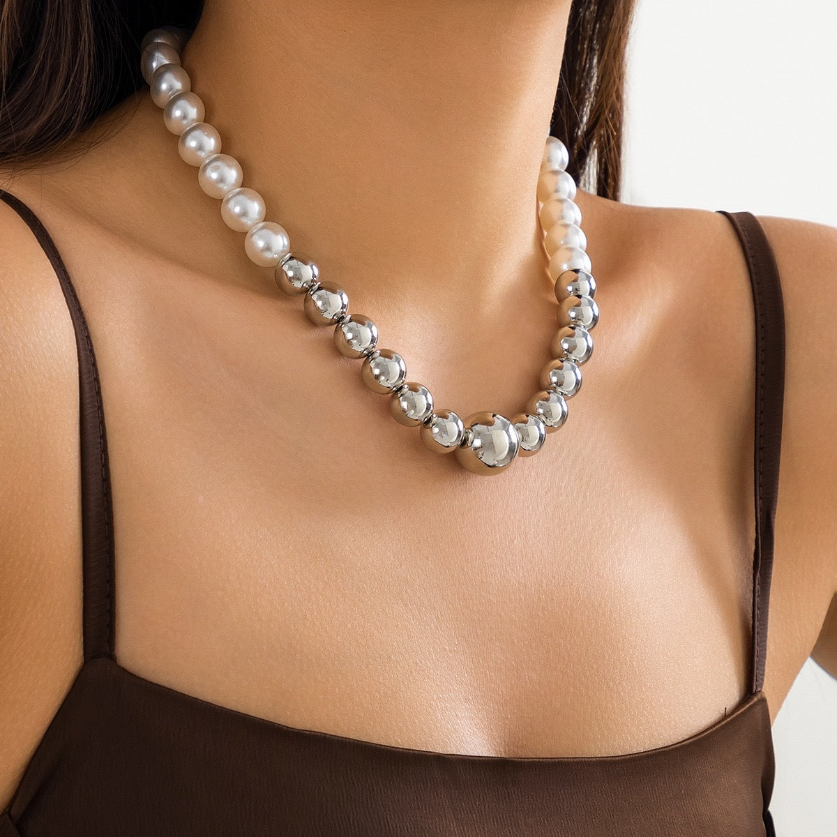 Punk Geometric Round Resin Beaded Ball Chain Necklace for Women