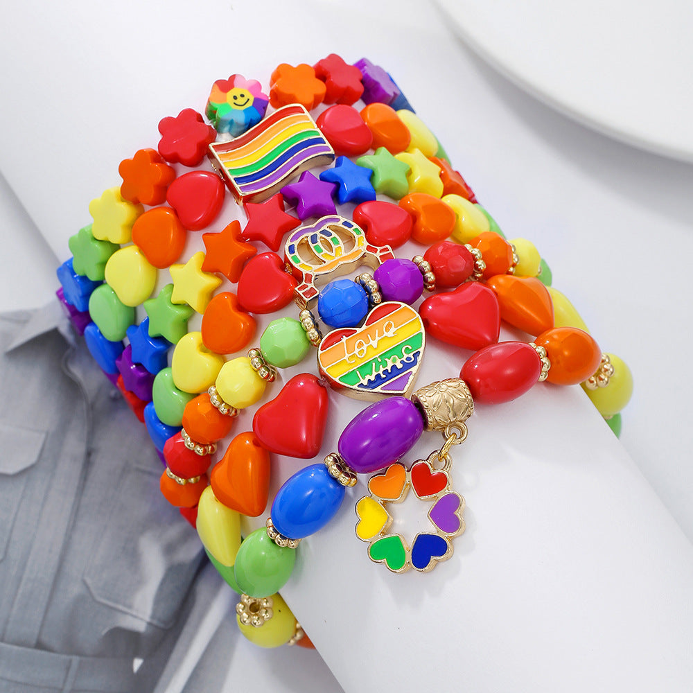 Bohemian Colorful Round Geometric Heart Acrylic Alloy Beaded Stretch Bracelet Set