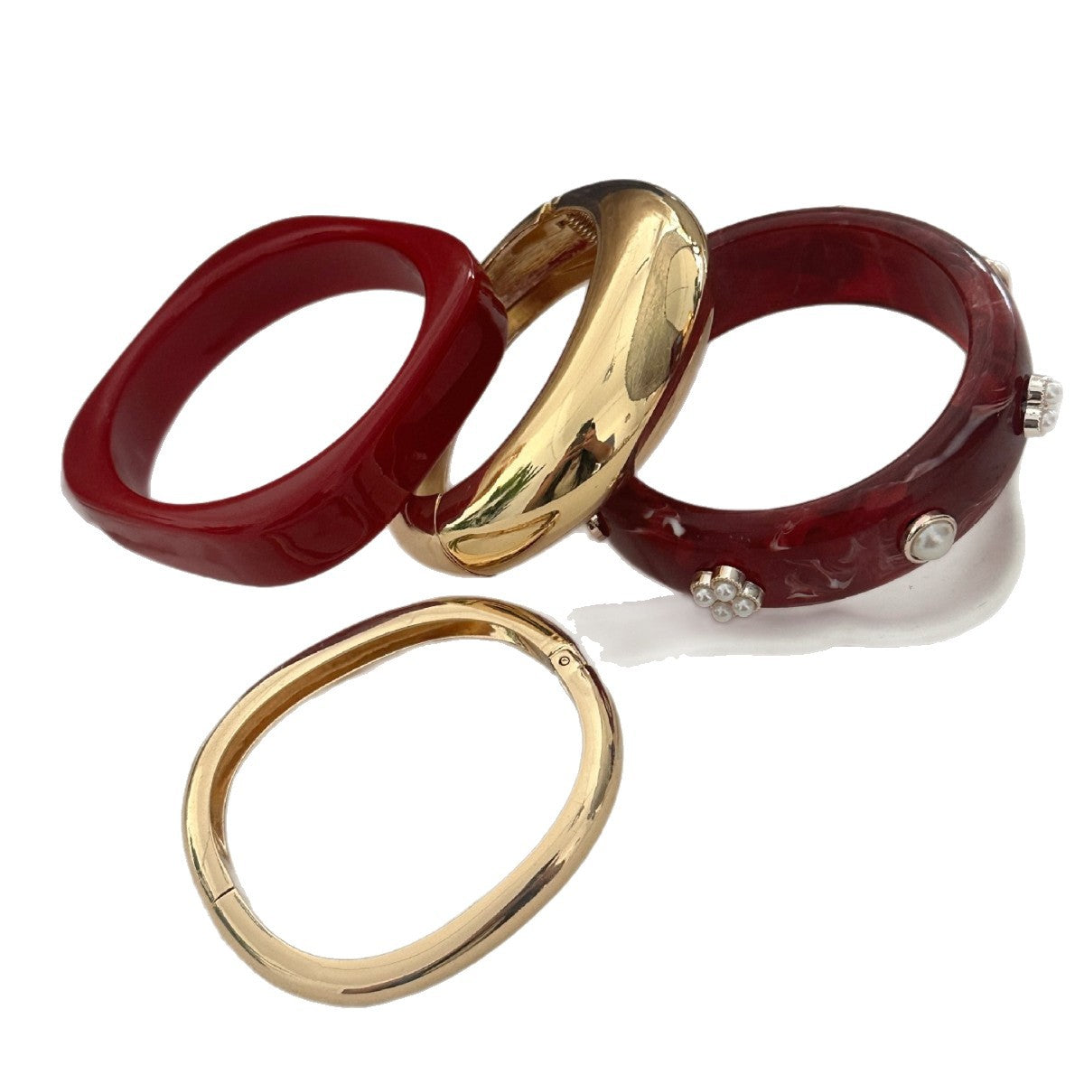 Bracciale rigido in resina testurizzata effetto marmo bohémien vintage con placcatura in oro e intarsi floreali in perle