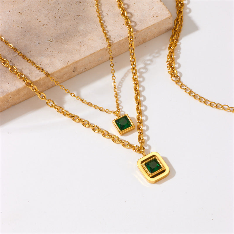 Vintage Minimalist Square Rhinestone-Embellished Titanium Steel Gold-Plated Necklace for Women