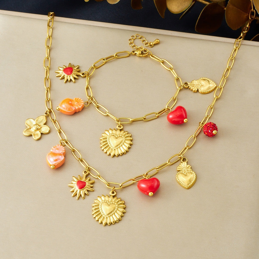 Vintage Elegant Gold Plated Drip Oil Heart Floral Stainless Steel Pendant Curb Chain Jewelry Set for Women