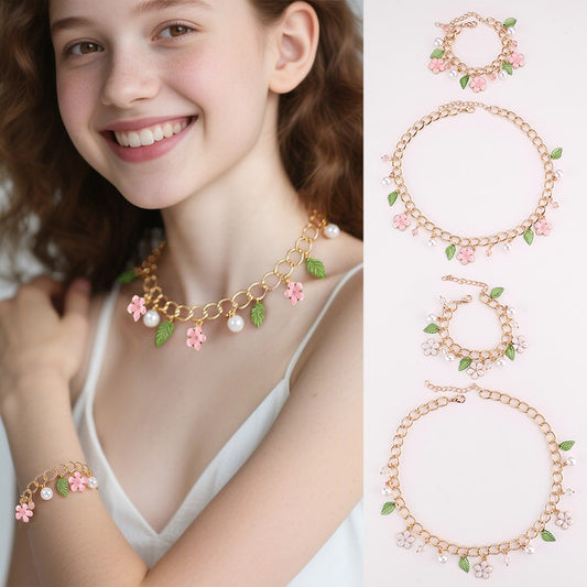Minimalist Bow-Shaped Resin Necklace Set for Girls with Pearl Accents and Beaded Chain