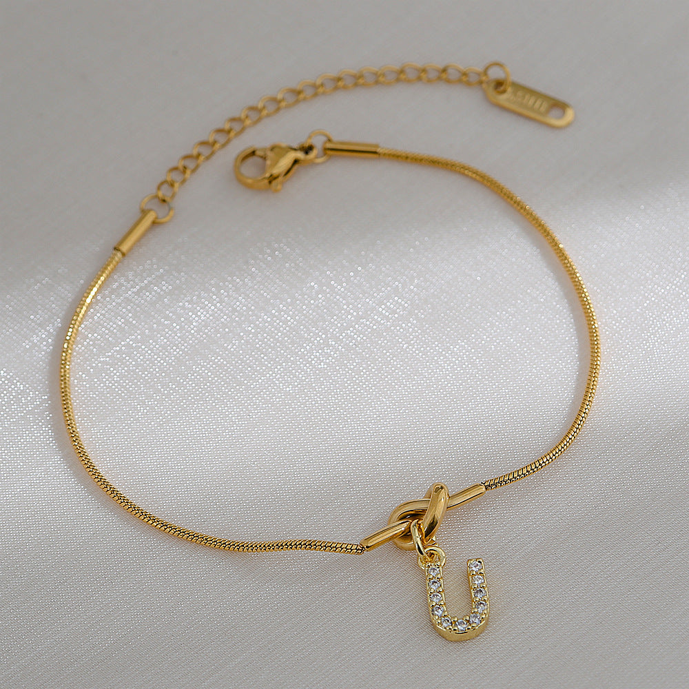 18K Gold Plated Stainless Steel Letter Heart Knot Charm Bar Bracelet for Women