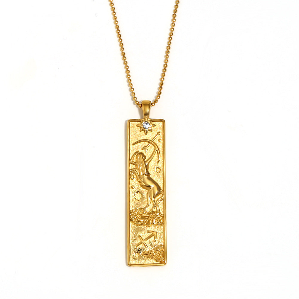 Vintage Geometric Zodiac Pendant Necklace for Women Stainless Steel with 18K Gold Plating Square Charm