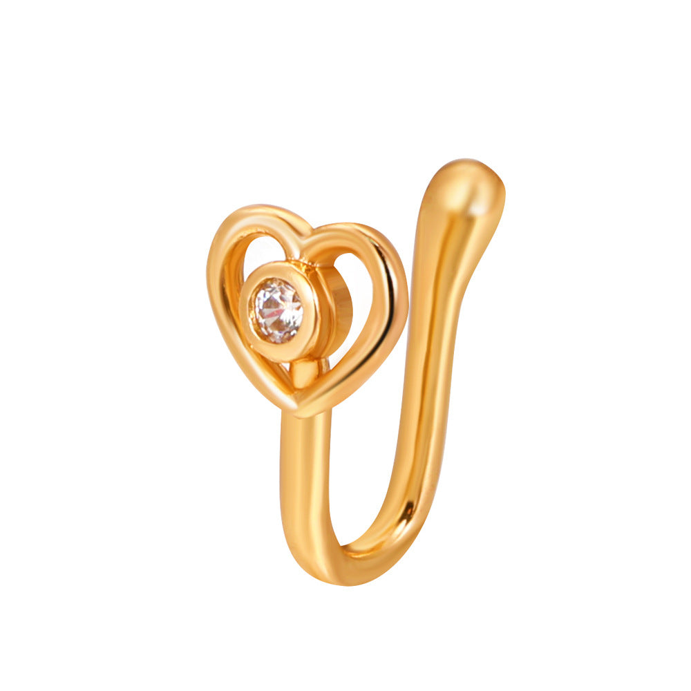Clip per il naso a forma di U con stella e cuore placcata in rame vintage con zirconia cubica