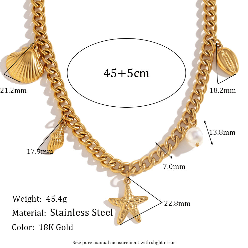 Collana con ciondolo a tema marino vintage per donna con catena in acciaio inossidabile e ciondolo in acciaio al titanio placcato oro 18 carati con motivi di conchiglie e stelle marine