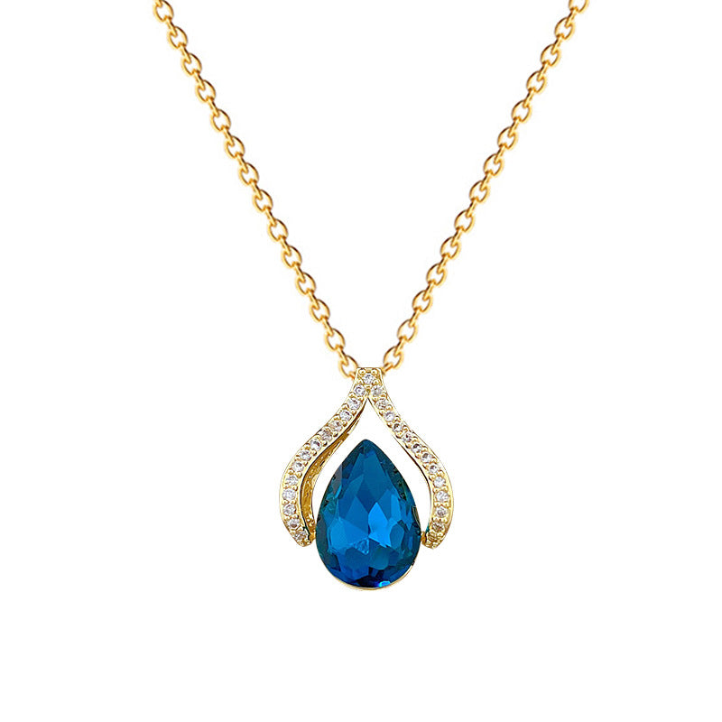 Minimalist Waterdrop-Shaped Titanium Steel Necklace for Women with Rhinestone Inlay and Delicate Chain