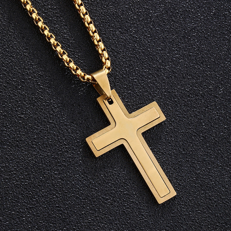 Collana con ciondolo a croce in acciaio inossidabile per donna uomo, catena in stile perla in acciaio al titanio, stile casual alla moda, finitura placcata, gioiello unisex da regalo
