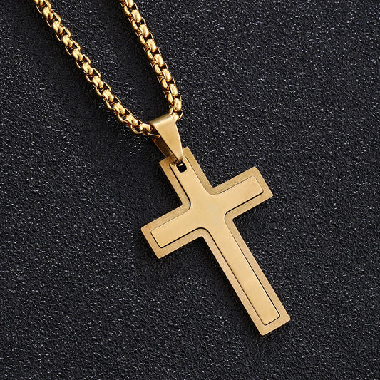 Stainless Steel Cross Pendant Necklace for Women Men, Titanium Steel Pearl-Style Chain, Fashion Casual Style, Plated Finish, Unisex Jewelry Gift